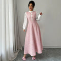 european and american new arrival: pink-toned vertical stripe chanel-inspired maxi dress with stand collar, chiffon bubble long sleeves, and pearl button detail