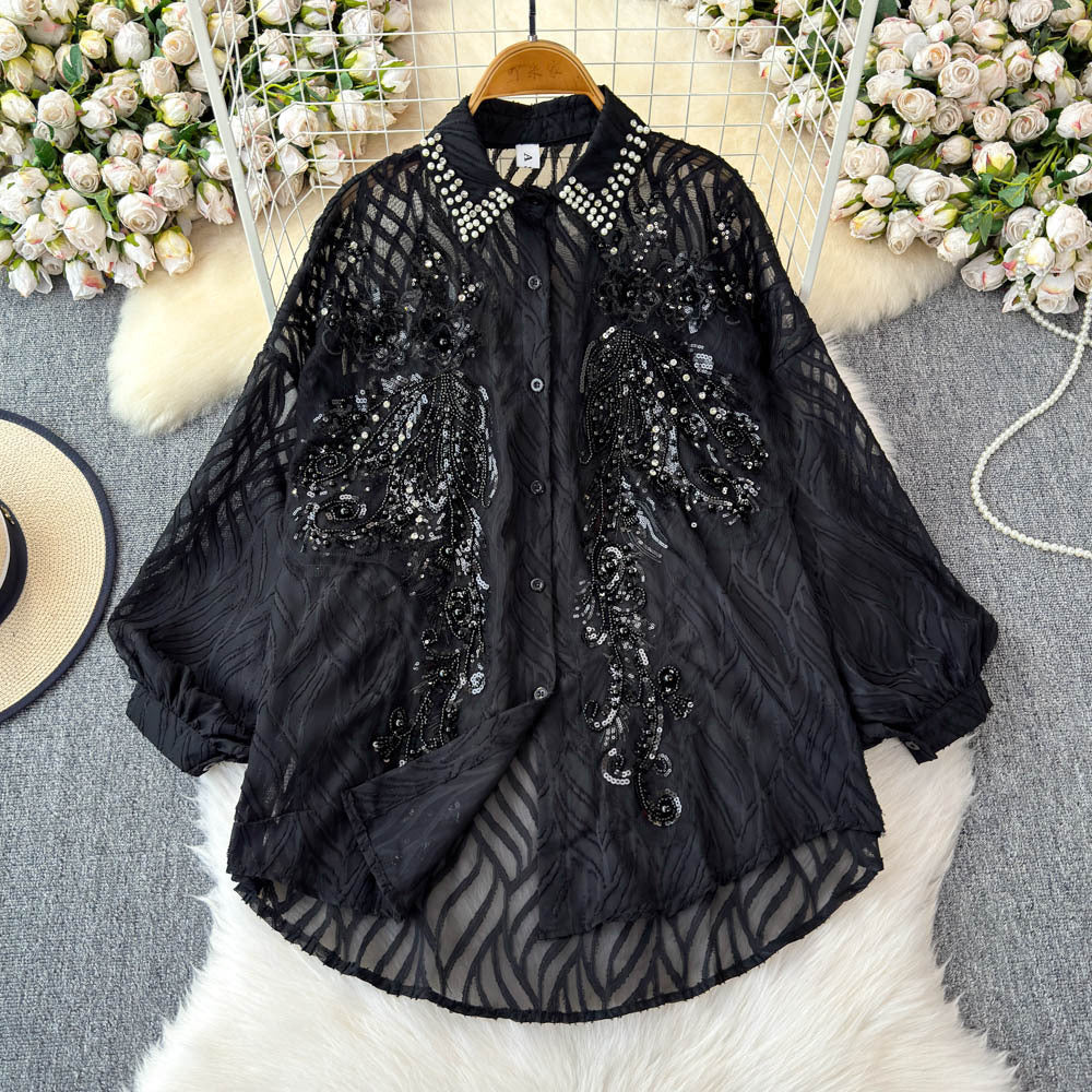 Fashionable age-reducing shirt for women french heavy industry sequinembroider diamond-encrusted easiest for matchclassy lantern sleeve slimming looktops trendy