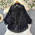 Fashionable age-reducing shirt for women french heavy industry sequinembroider diamond-encrusted easiest for matchclassy lantern sleeve slimming looktops trendy