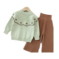 Girls' knitted sweater two-piece set,  autumn/winter new arrival, handmade floral detail, little girl's pullover knit sweater and pants outfit