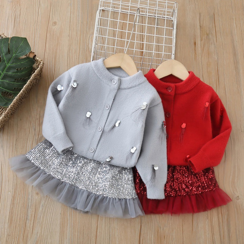 Girls' sequin sweater and skirt two-piece set - new autumn/winter korean style knitted outfit for baby girls