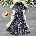 Women's spring dress : french chic tie-waist v-neck asymmetrical print chiffon maxi dress