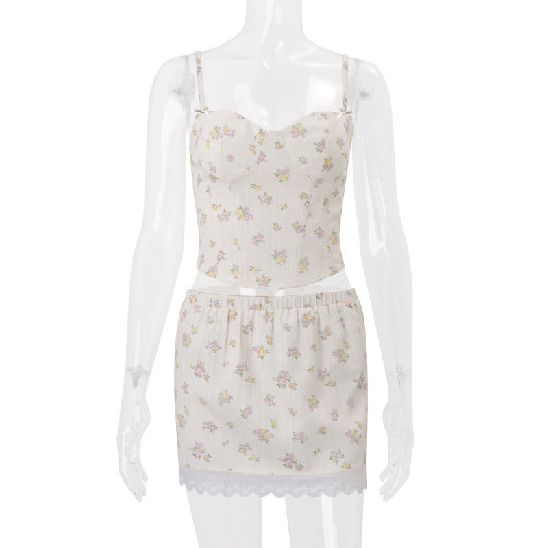 European and american women's clothing  summer new fashion sweet and fresh vacation style floral print cami top and mini skirt set