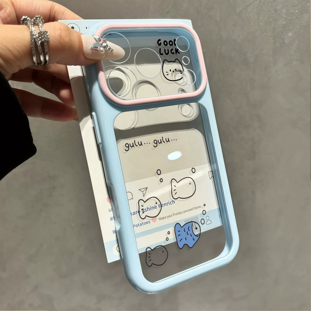Cartoon simple fish large window phone case for iphone 18, apple 17 pro max, kitten protective cover 16