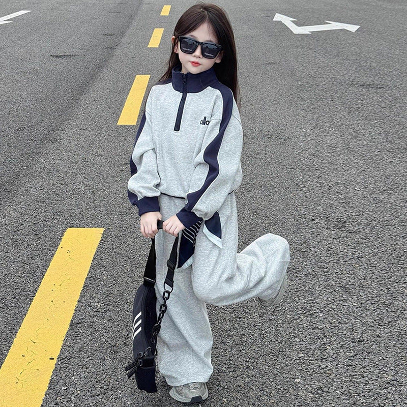 Girls' casual patchwork sweatshirt set -  spring/autumn new style, stylish two-piece activewear outfit for mid-to-large children