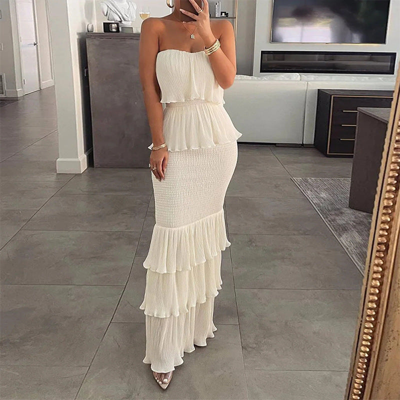 women's summer dress - european & american style export - elegant solid color bandeau cake dress maxi dress