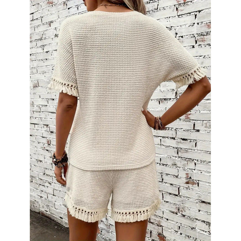 Shipped: cross-border independent store  european and american women's short set, round neck pullover top