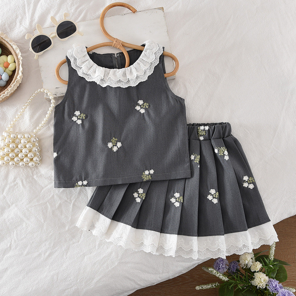 Girls' summer outfit: new embroidered floral tweed-style tank top and pleated skirt two-piece set - hot seller for cross-border e-commerce