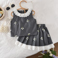 Girls' summer outfit: new embroidered floral tweed-style tank top and pleated skirt two-piece set - hot seller for cross-border e-commerce