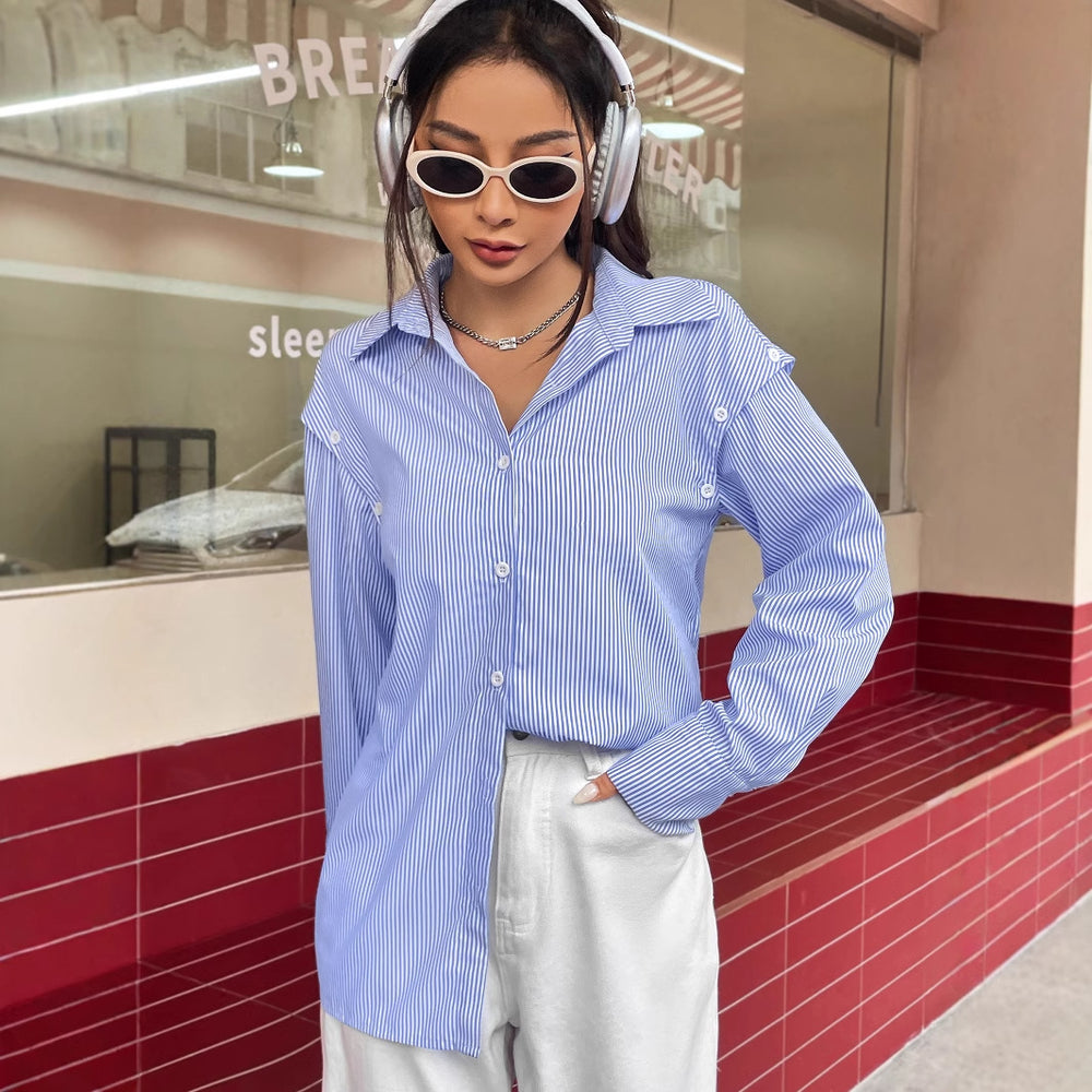 Pre-sale 53162#  cross-border women's fashion ins versatile casual silm detachable sleeve stripesd shirt