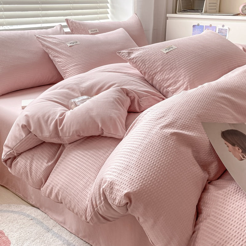 Solid color waffle four-piece wholesale ins polished bed sheet quilt cover Nantong quilt cover bed three-piece bed hat model
