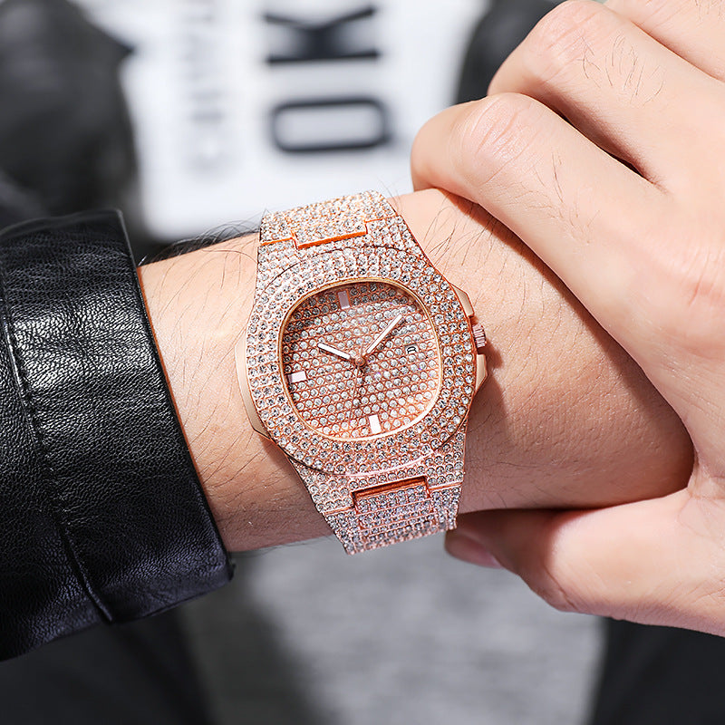 European and american hip-hop style fashion diamond watch for men and women, square large gold watch, trendy steel band quartz watch
