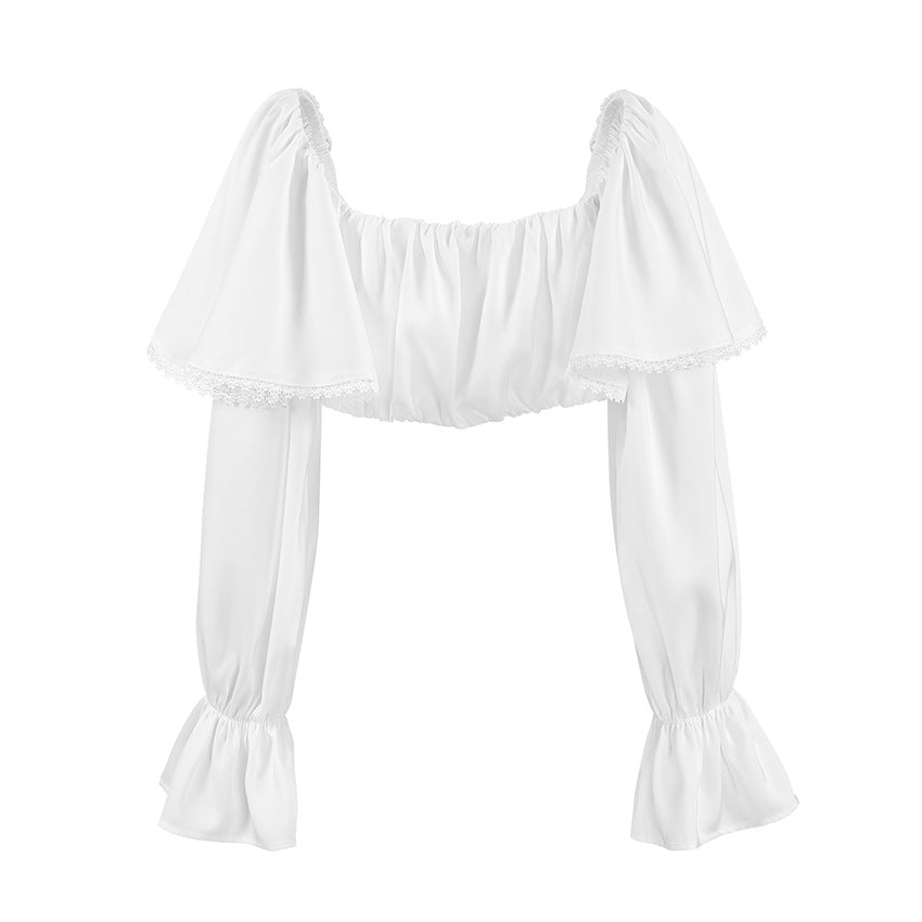 European and American fashion white exposed navel Spice Girl top women's short 2025 summer niche splicing ruffle edge pullover shirt
