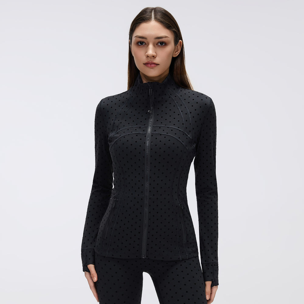 Big brand same style beautiful black polka dot yoga leggings women's stand collar jacket outwear silmslimming look sports suit