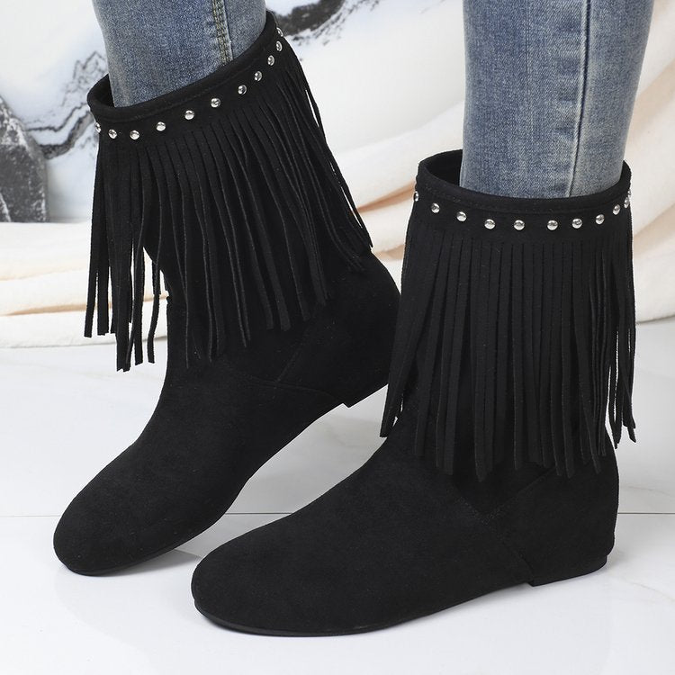 Plus size tassel boots exportautumnew arrivalfashion style suede v-mouth round toe hidden heel women's boots cross-border