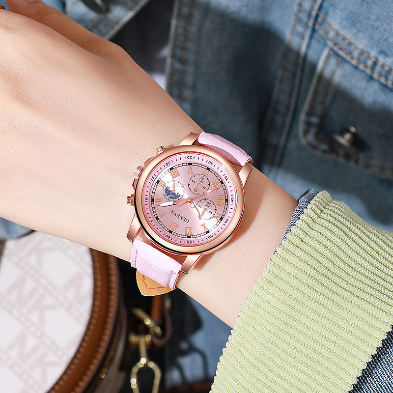 Douyin duoduo cross-border platform geneva watch women's three-eye roman belt quartz watch manufacturer spot wholesale