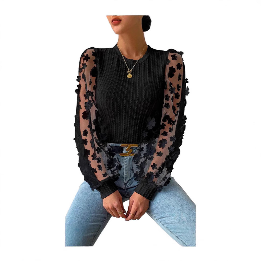 European and American  women's clothing, mesh floral chiffon shirt women's 2024 spring and summer round neck thin pullover long-sleeved top