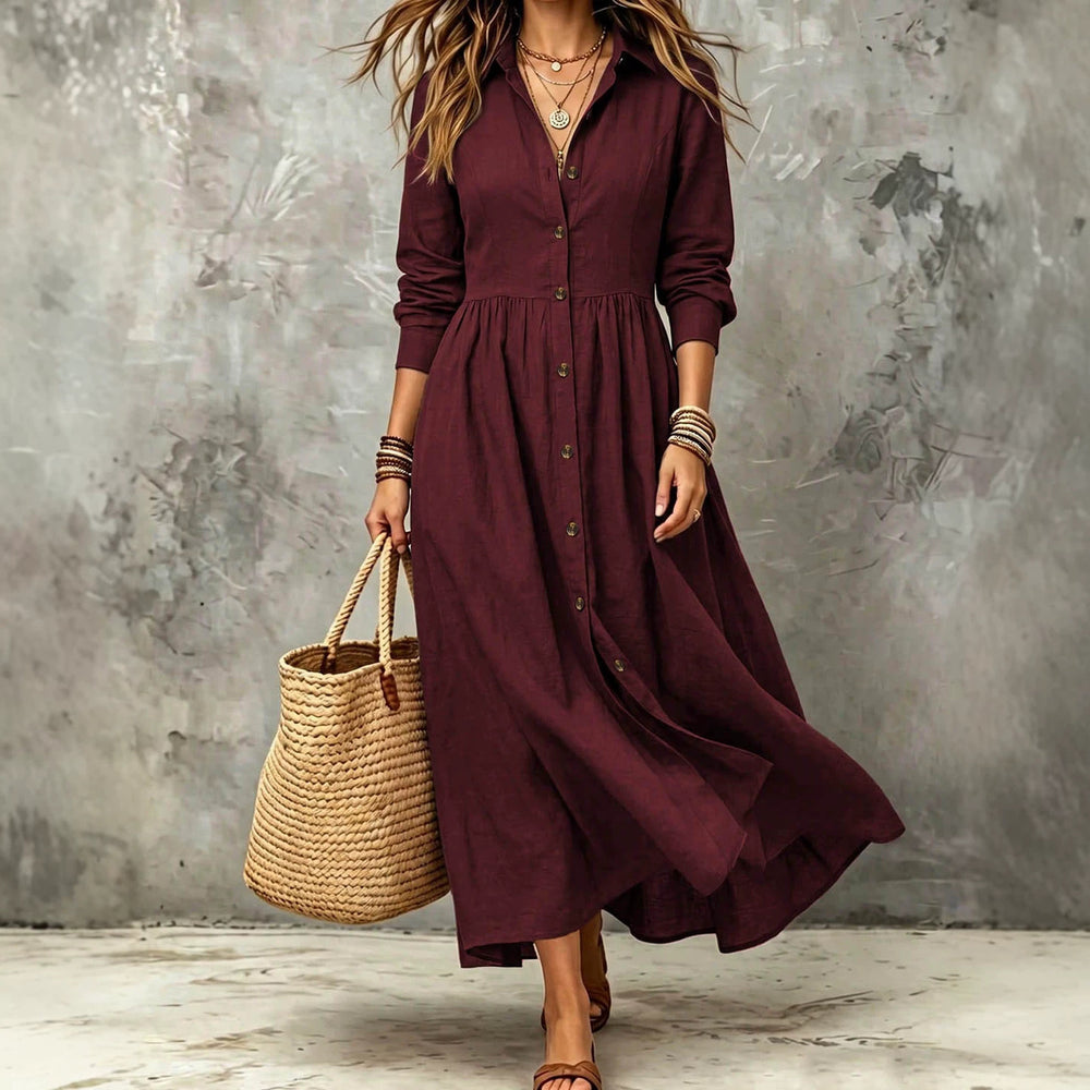 Plus size women's vintage shirt dress - long sleeve, button-down, notched collar, buttoned waist, pleated, flowy, loose fit, vacation style