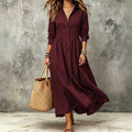 Plus size women's vintage shirt dress - long sleeve, button-down, notched collar, buttoned waist, pleated, flowy, loose fit, vacation style