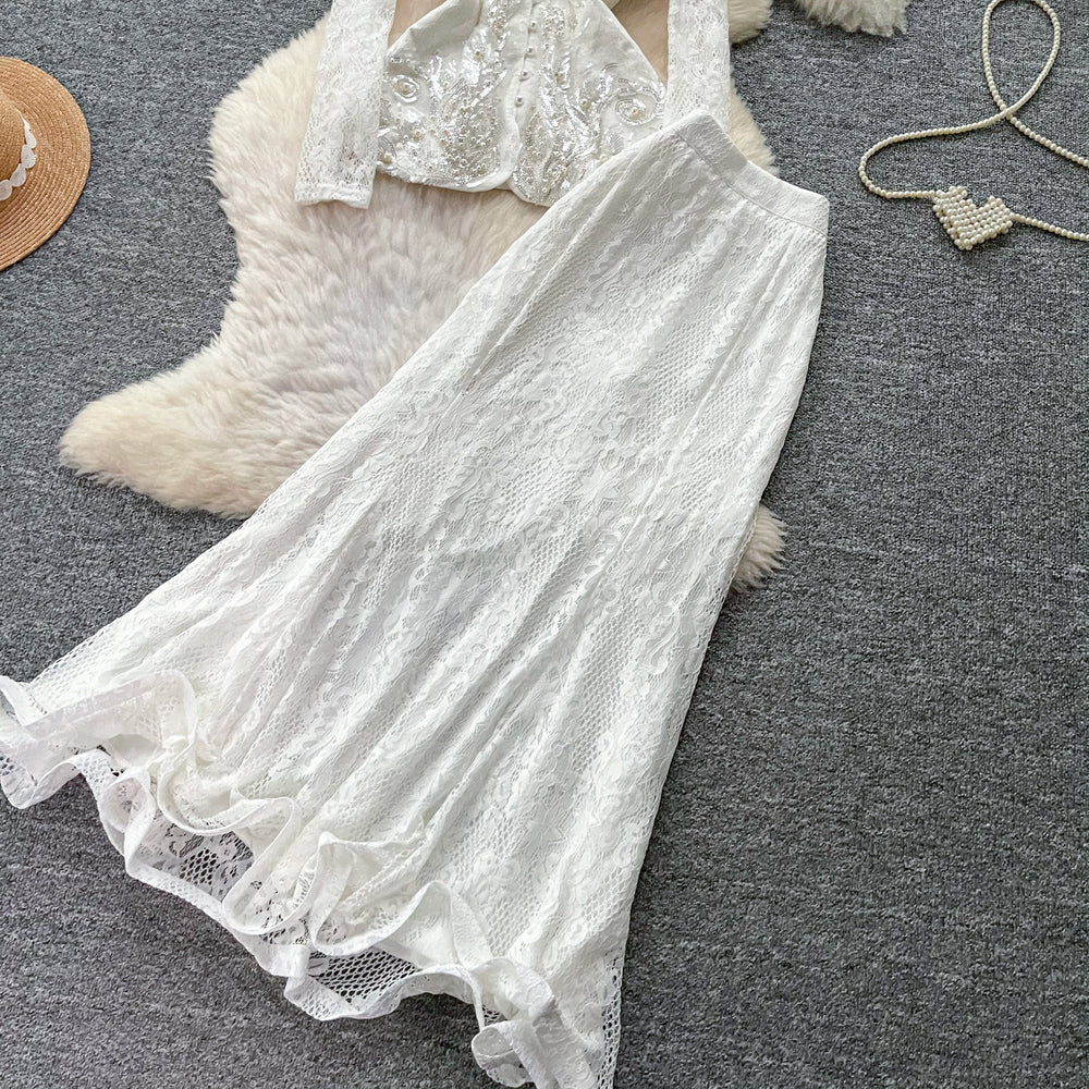 French chic beaded v-neck lace two-piece set - women's spring/autumn tie-waist cutout high-end slim fit outfit