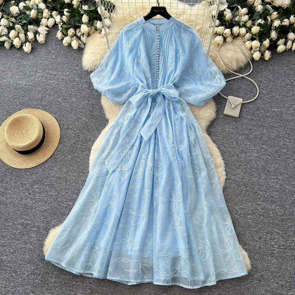 French yellow lace embroidery short sleeve dress women's summer high waist a-line dress commuter elegant long dress