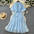 French yellow lace embroidery short sleeve dress women's summer high waist a-line dress commuter elegant long dress