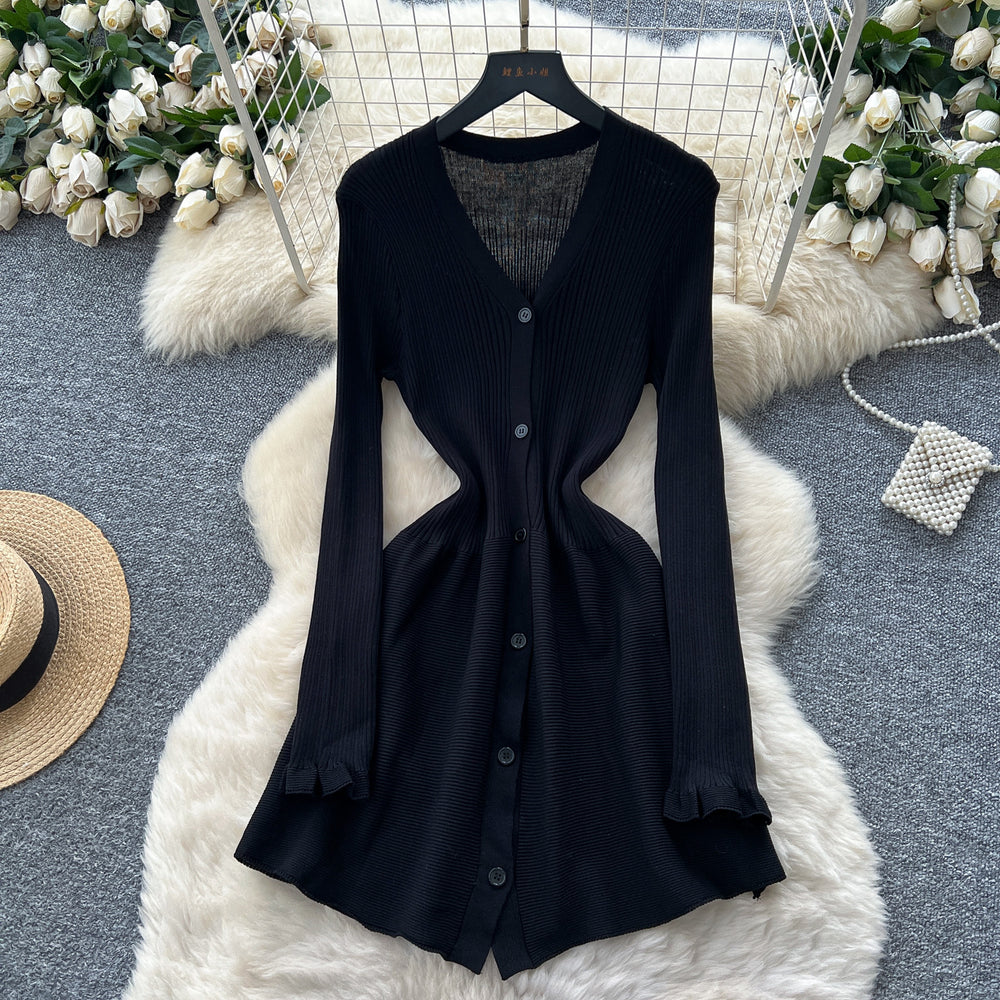 French retro knit dress - women's autumn single-breasted slim fit minimalist chic elegant midi dress