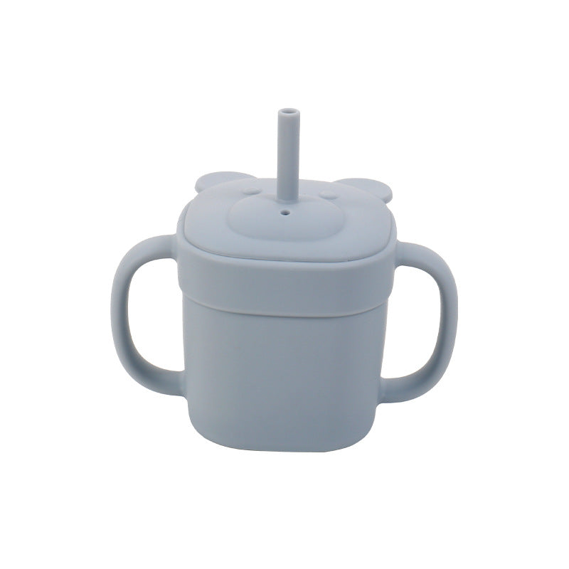 Children's silicone straw cup Baby bear baby drinking milk drinking cup Double handle anti-drop silicone feeding tableware