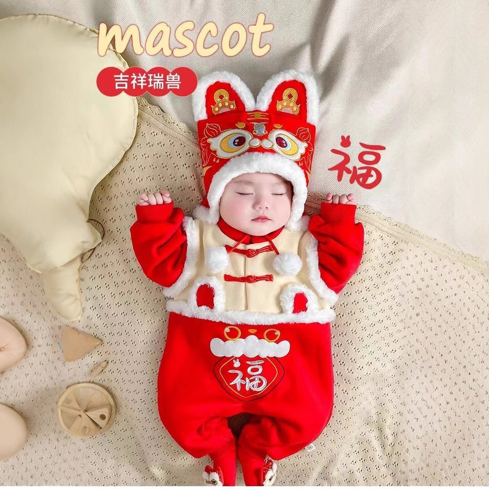 Baby onesie fall and winter clothing for men and women, baby new year's greetings, 100-day-old first-year catching-week dress, fleece-lined romper, chinese style