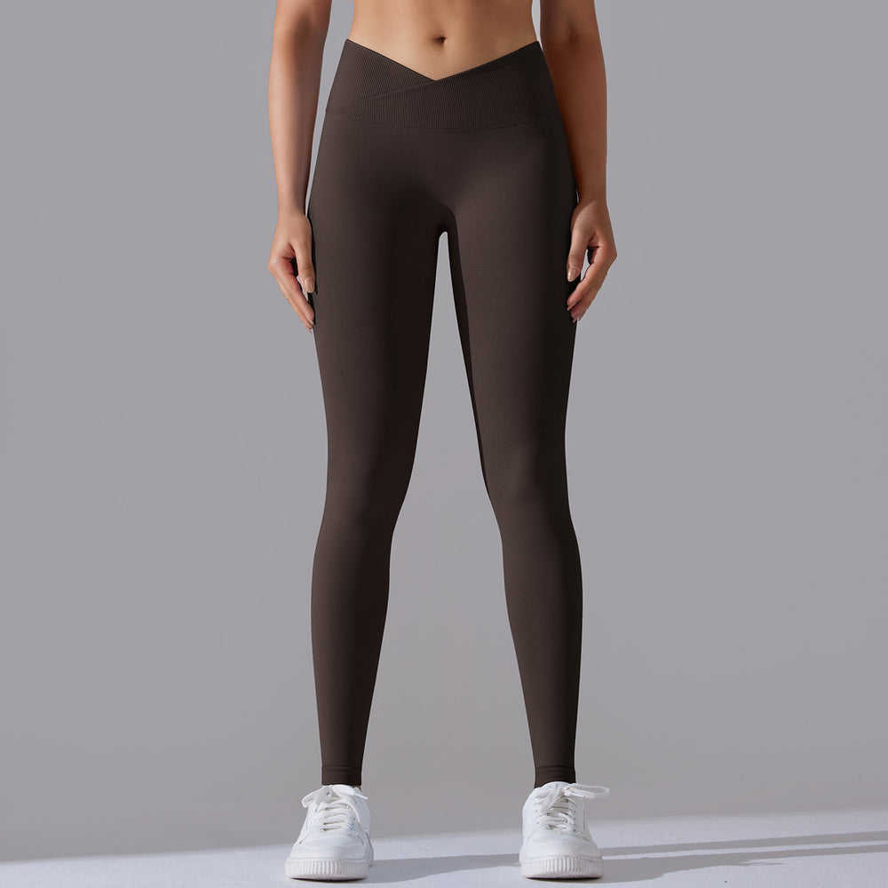 fashion seamless knitting breathable pure color cross waist peach hip yoga pants running fitness nine-point pants women
