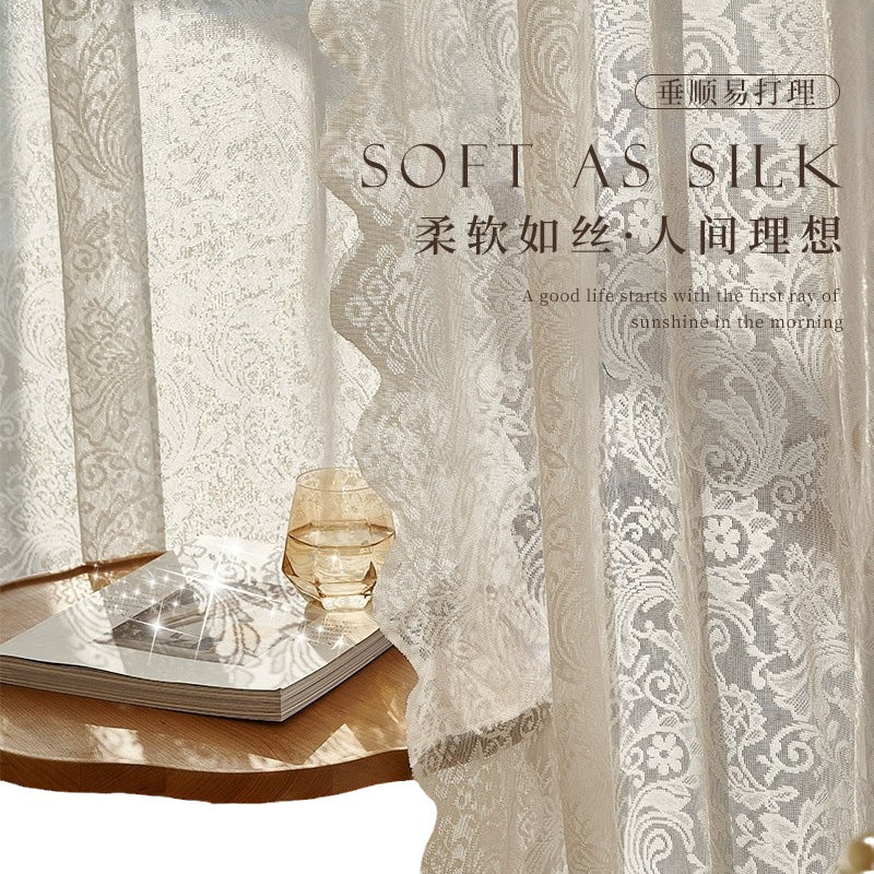 French retro lace sheer curtain, minimalist chic window curtain, no-drill sheer partition curtain, wavy lace curtain decoration