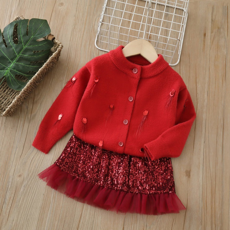 Girls' sequin sweater and skirt two-piece set - new autumn/winter korean style knitted outfit for baby girls