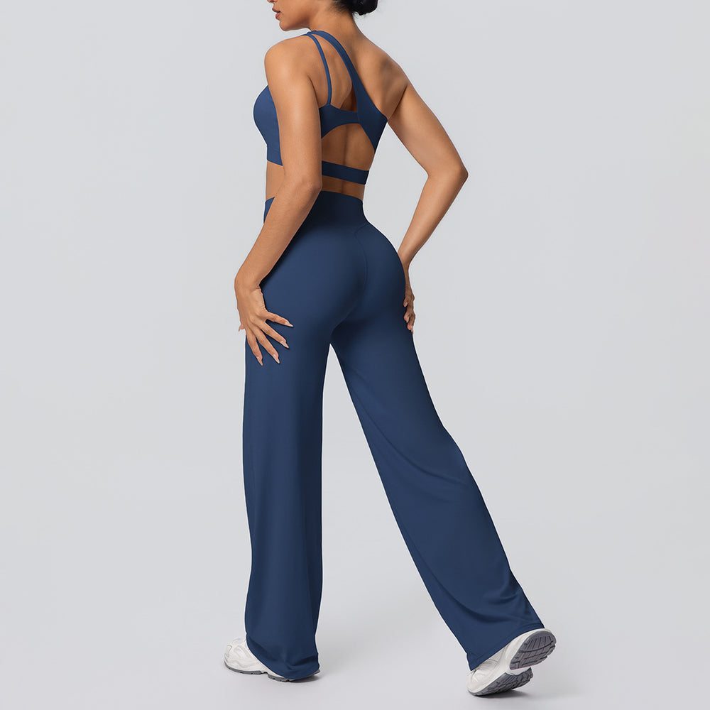 fashion double-sided nylon brushed single-shoulder yoga suit sports running fitness wide-leg two-piece set for women