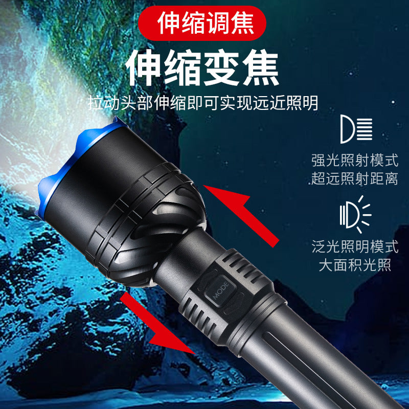 Cross-border new XHP90 strong light Type-C charging, telescopic zoom white laser LED power display flashlight