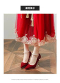 Red wedding shoes for women, new spring 2025 collection, pearl chain bridal shoes, xiuhe dress style, chinese high heels