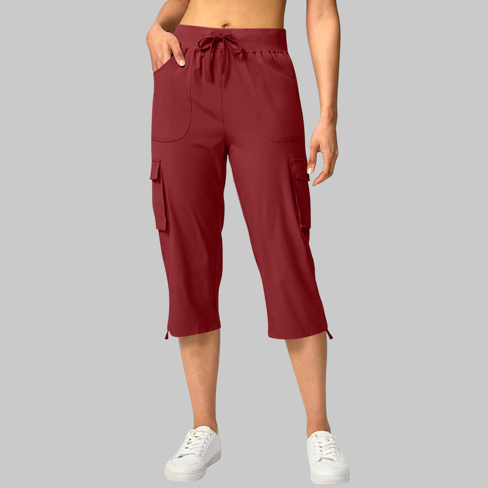 european and american cross-border summer new solid color women's elastic waist casual cargo capri pants with pockets