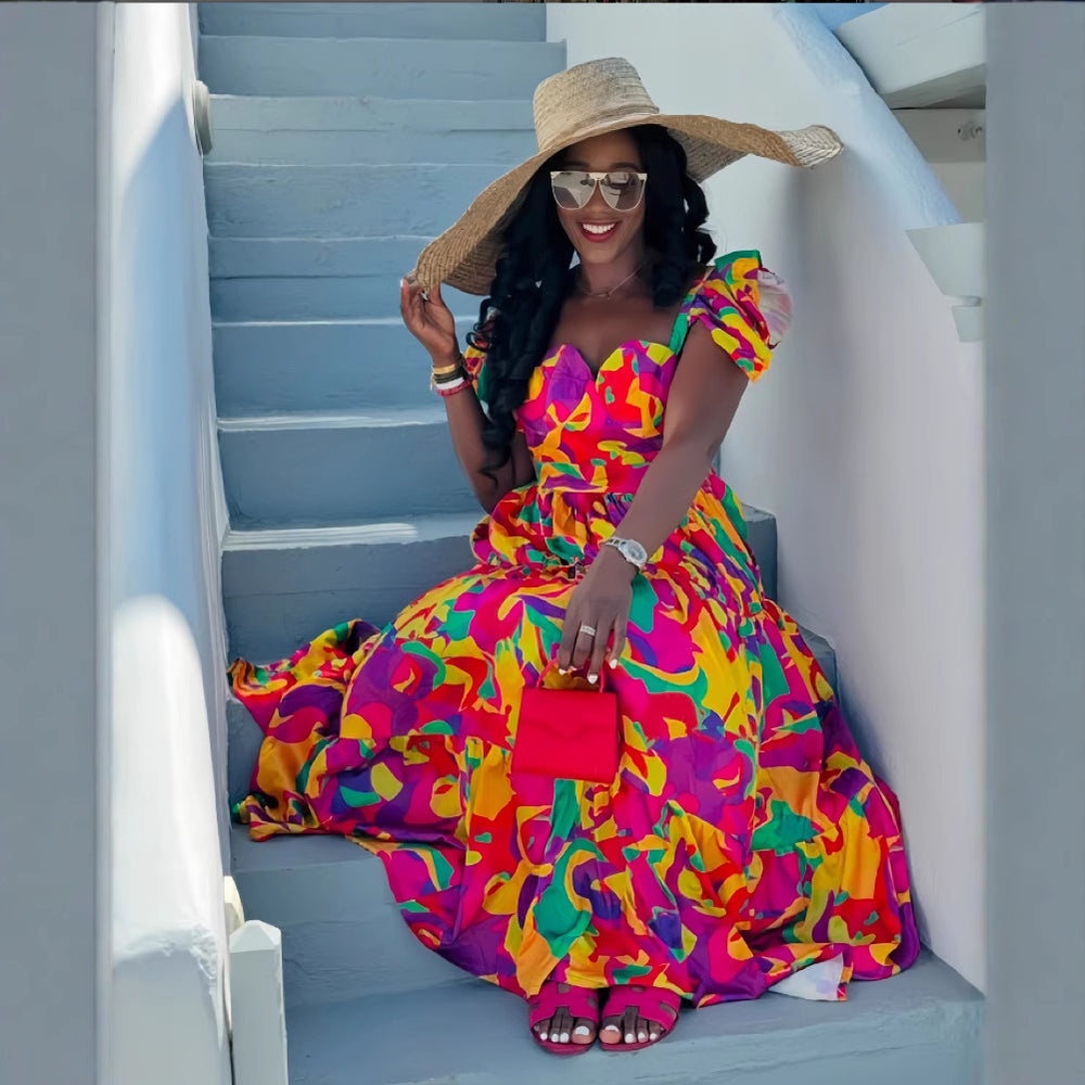 European and american cross-border women's fashion:  early spring puffy short-sleeve color block print, cinched waist, pleated, long, flared maxi dress