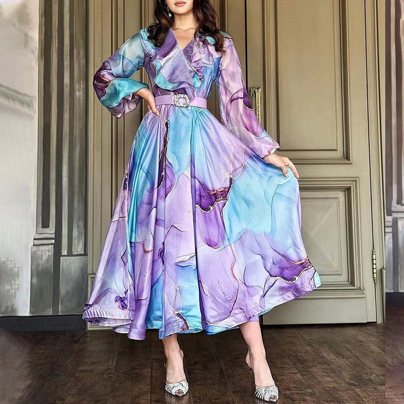 spring/summer new european and american export print maxi mesh dress - commute-friendly plus size women's dress