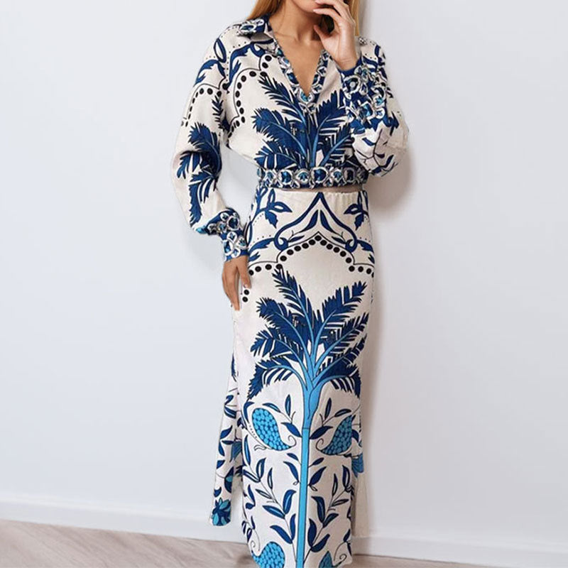 summer new women's clothing: cross-border european and american hot seller - fashionable printed v-neck irregular top and maxi skirt set
