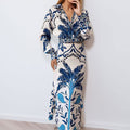 summer new women's clothing: cross-border european and american hot seller - fashionable printed v-neck irregular top and maxi skirt set