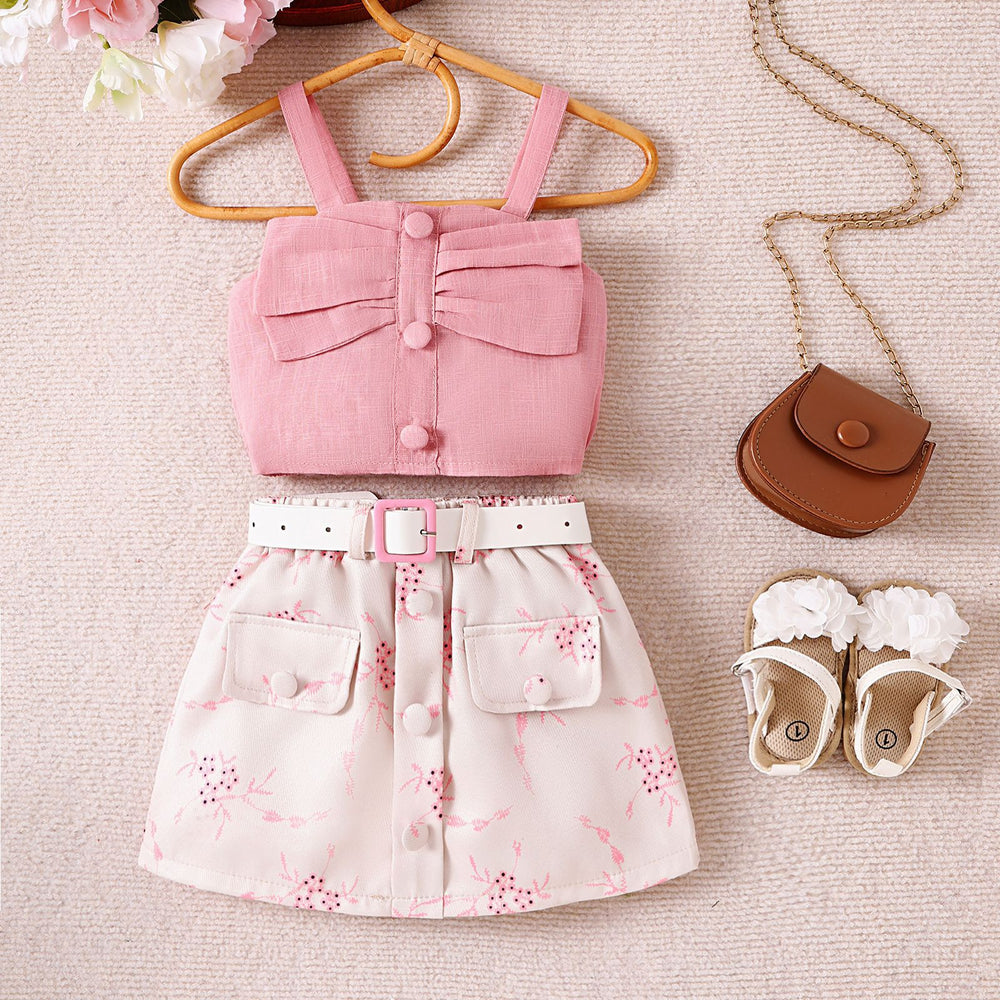 e-commerce summer sweet girl's outfit for us and european markets: camisole top + printed skirt + belt, new arrivals for toddlers and young children
