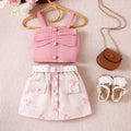 e-commerce summer sweet girl's outfit for us and european markets: camisole top + printed skirt + belt, new arrivals for toddlers and young children