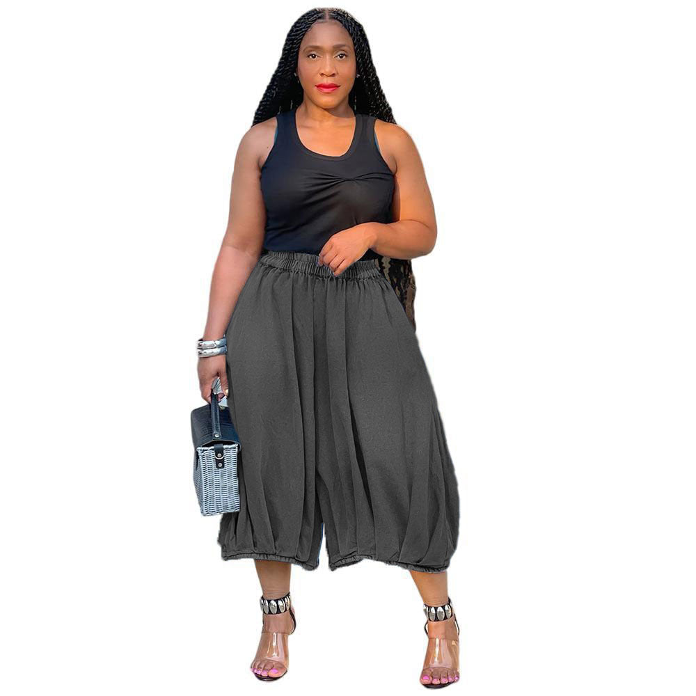 European and american style women's casual jeans -  cross-border fashion - streetwear versatile elastic waist straight wide leg capri pants