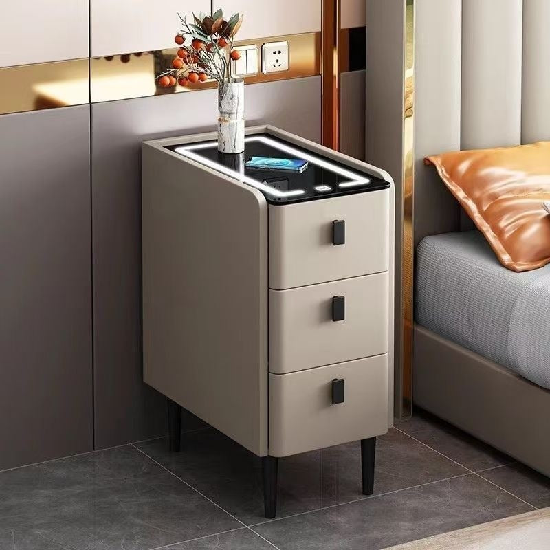Ultra-narrow solid wood nightstand - modern minimalist, light luxury, multifunctional smart wireless charging bedside table for bedroom