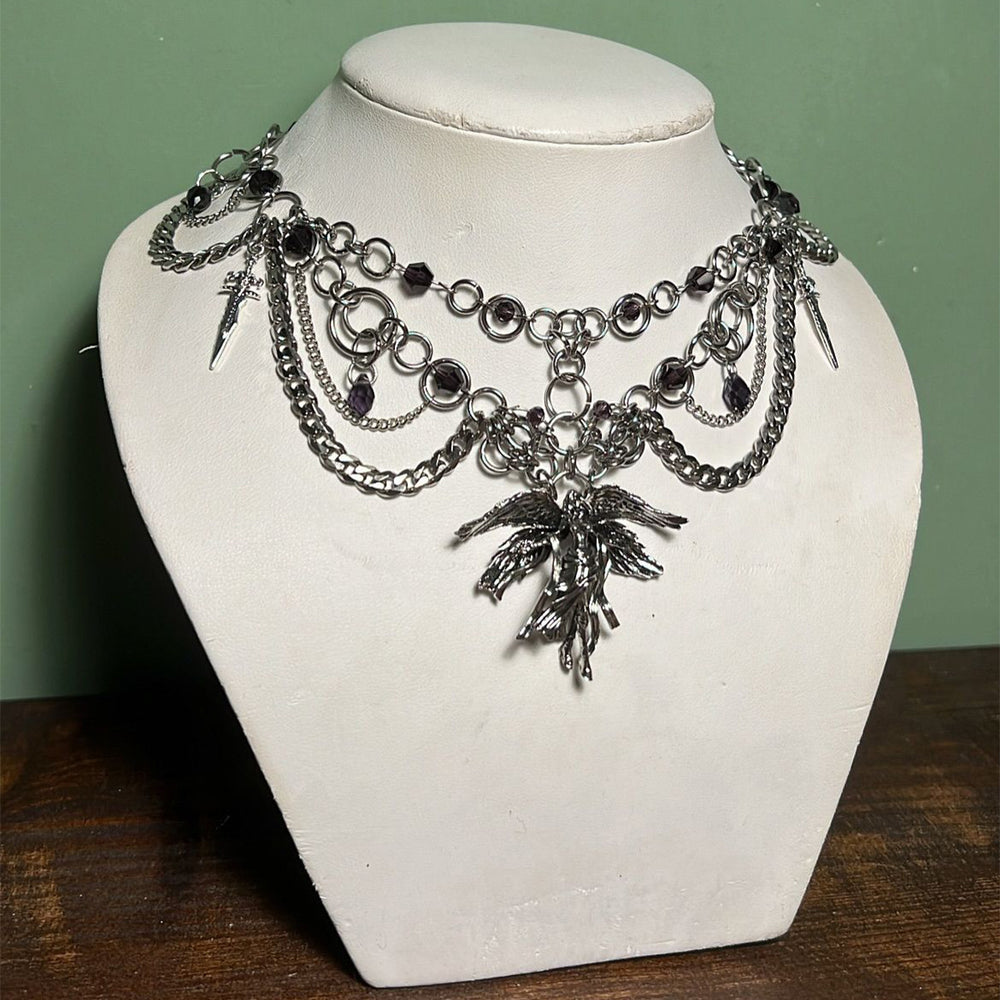 Halloween necklace wholesale: european and american new gothic style metal angel pendant, unique high-end multi-layer choker necklace for women