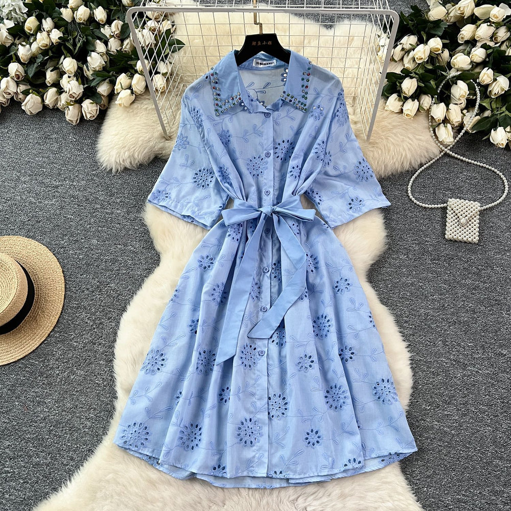 Frenchfashionable heavy industry diamond-encrusted polo collar short-sleeved dress women's summer strappy waist cut outembroider shirt skirt