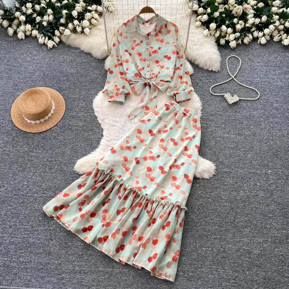 French romantic pink floral print blouse and midi skirt two-piece set - women's autumn commute outfit with tie waist, slimming and elegant