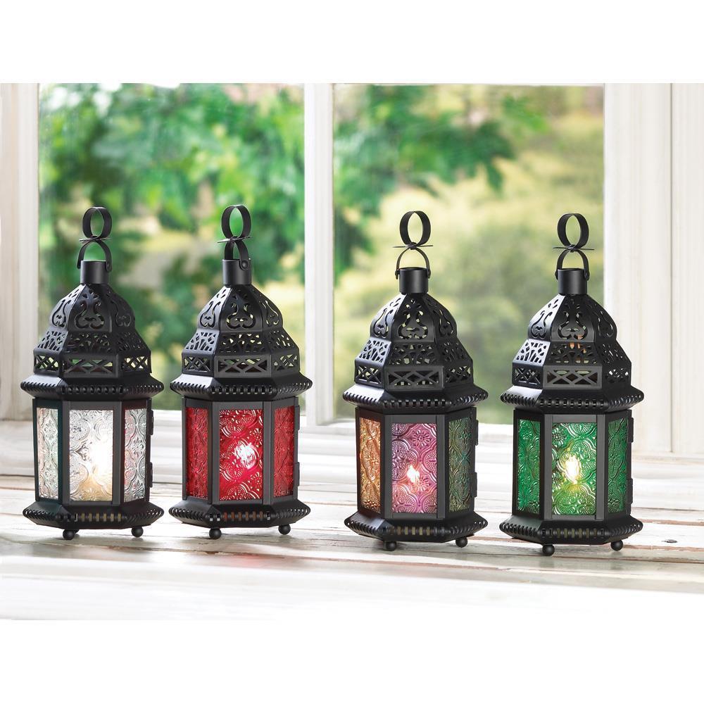 Moroccan iron candlestick, stained glass lantern, garden decor, home decor ornament, housewarming gift