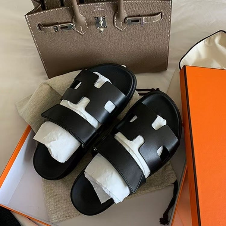 Cross-border second uncle dragging girl thick bottom H slippers 2024 new Velcro  large size fashion slippers wholesale