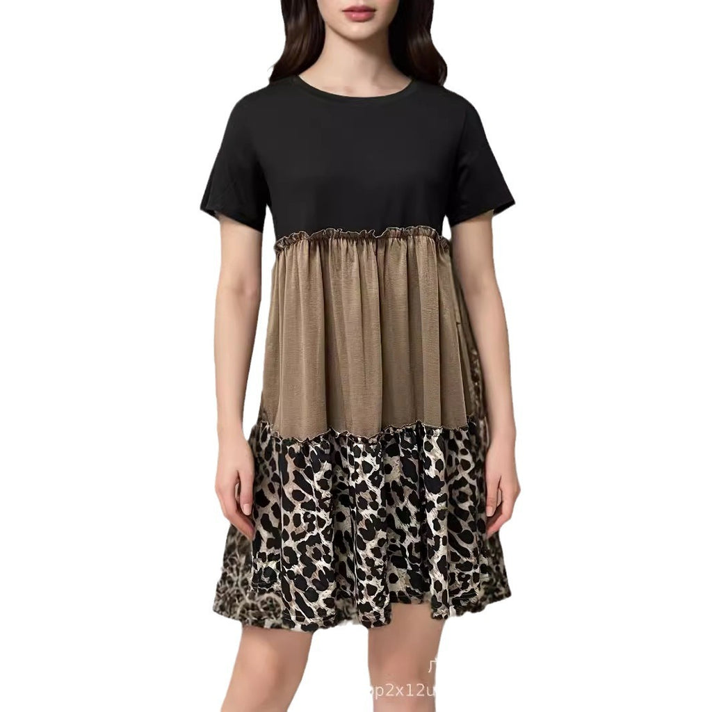 Spot European and American summer women's clothing hot-selling   leopard print color matching elegant round neck dress